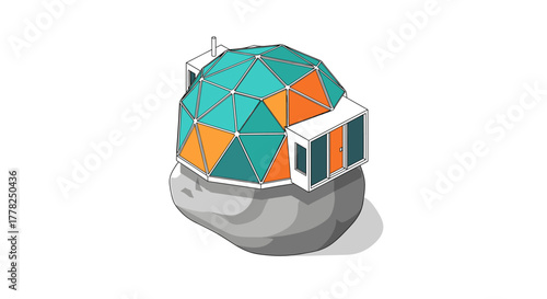 Discover modern geodesic dome living with vibrant geometric design perched atop a natural stone foundation, offering sustainable architectural innovation.