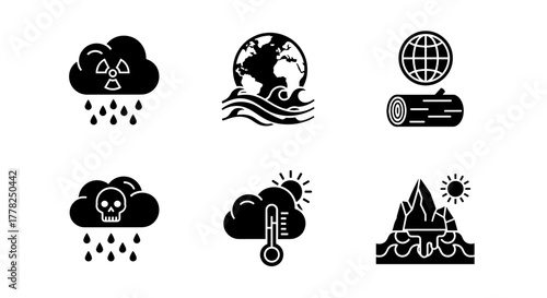 Environmental crisis icons depict pollution, climate change, and global warming threats impacting Earth and nature