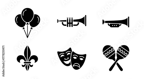 Celebrate with vibrant balloons, festive trumpets, iconic fleur-de-lis, expressive theatre masks, and rhythmic maracas for any joyous occasion