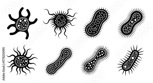 Diverse collection of stylized black and white germ icons, showcasing various microscopic organisms with unique shapes and flagella for scientific or educational use