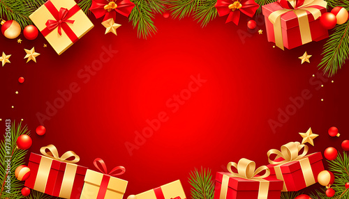 Festive holiday illustration featuring beautifully wrapped gifts, vibrant red background, and decorative elements like stars and pine branches, creating a cheerful seasonal atmosphere with copy space
