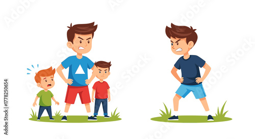 Children arguing and showing aggression, depicting childhood conflict and emotional distress in a vibrant, cartoon style suitable for educational or storytelling purposes.