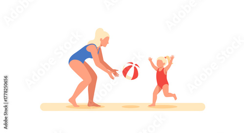 Joyful mother and daughter playing catch with a striped ball on a sunny beach, creating cherished summer memories together.