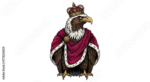 Majestic eagle proudly wears a royal crown and rich crimson ermine-lined robe, embodying power and leadership