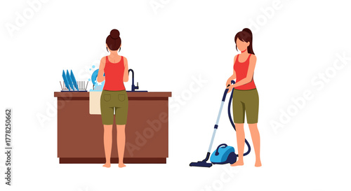 Busy woman efficiently handles household chores washing dishes and vacuuming floors in a clean modern home setting