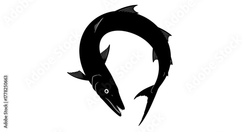 Striking black silhouette of a barracuda with sharp teeth and fins curves dynamically, evoking power and nature's predatory grace.