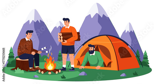 Friends enjoying a cozy camping trip roasting marshmallows by a campfire with a tent pitched near majestic mountains under a clear sky