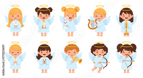 Delightful cartoon cherubs with wings and halos holding sweet symbols like candles, toys, and musical instruments, perfect for heavenly themes.