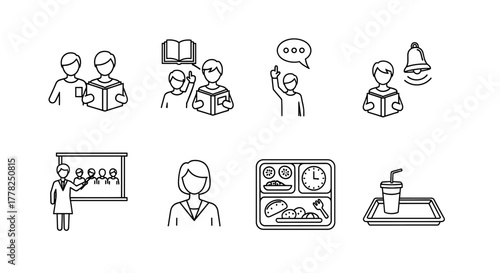 Discover education icons for school projects, learning apps, and back to school campaigns with these outline illustrations of students, teachers and school lunch
