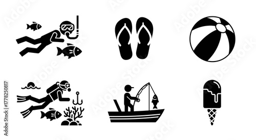 Summer fun icons for vacation vibes, featuring beach ball, ice cream, scuba diving, fishing, and stylish flip flops, perfect for travel designs