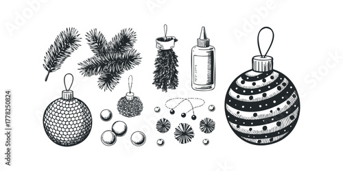 Collection of Hand Drawn Christmas Ornaments and Pine Branches