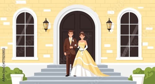 Newlyweds celebrating their elegant wedding day, smiling with joy as they embark on their happily ever after in front of a beautiful building