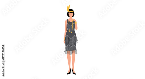 Elegant flapper girl in 1920s fashion with gold jewelry and feather headband, perfect for Gatsby themed party invites or vintage style projects
