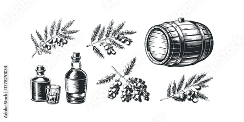 Olive branches and harvest items including barrel and bottles