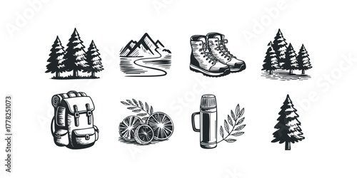 Outdoor adventure icons with trees, mountains, backpack, boots, thermos
