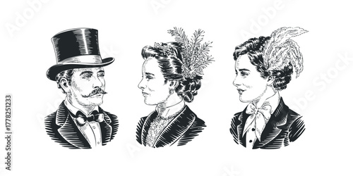 Vintage Portrait Trio of Man and Women in Formal Attire