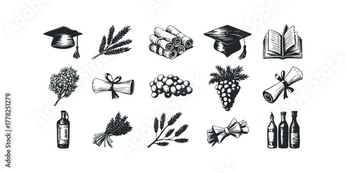 Graduation Caps and Academic Symbols in Sketch Style