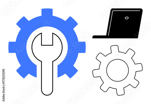 Wrench inside blue gear, black laptop, white outlined gear. Ideal for technology, maintenance, repair, software development, digital tools problem-solving innovation concepts. Simple flat metaphor