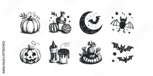Halloween icons set featuring pumpkins and bats