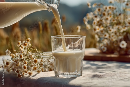 pouring milk into glass with nature background