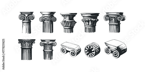 Collection of Architectural Column Capitals and Entablatures
