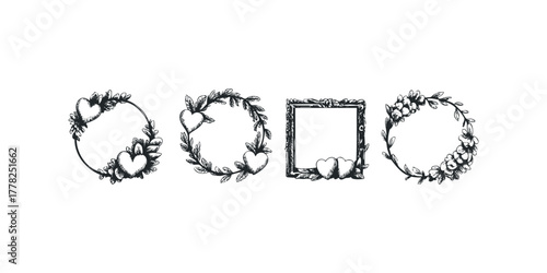 Collection of Hand Drawn Decorative Floral Frames with Hearts
