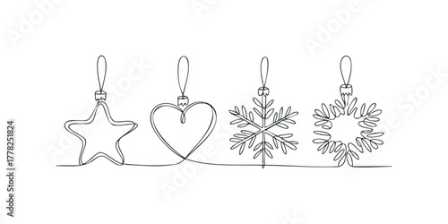 Continuous line drawing of holiday ornaments in star and snowflake shapes
