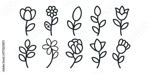 Ten Diverse Line Drawing Flower Icons