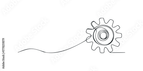 Continuous line drawing of a single gear on white background