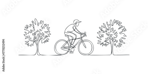 Person riding bicycle between two trees in line drawing