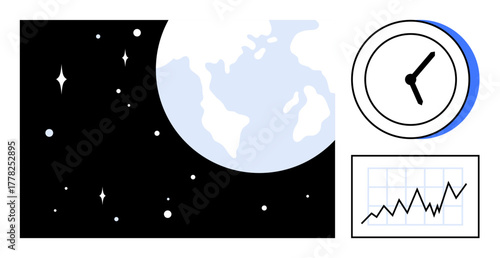 Earth in outer space accompanied by a clock and upward-trending chart. Ideal for global trends, time management, economics, productivity, innovation, planning, or growth concept. Simple flat metaphor