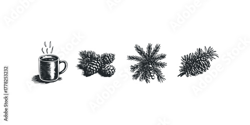 Steaming Hot Coffee Mug Beside Pine Cones and Evergreen Sprigs