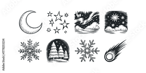 Woodcut Style Celestial and Winter Icons