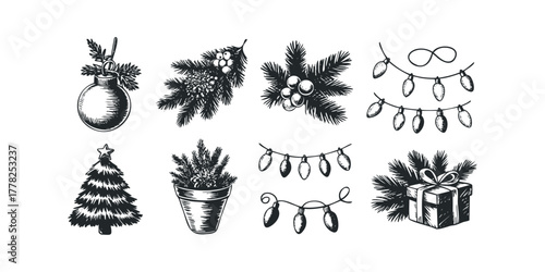 Hand-drawn Christmas Icons with Pine Sprigs and Lights