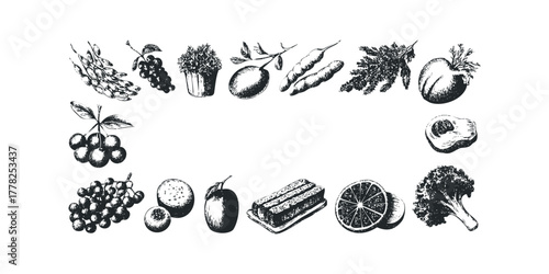 Hand Drawn Sketch of Assorted Fruits and Vegetables Collection