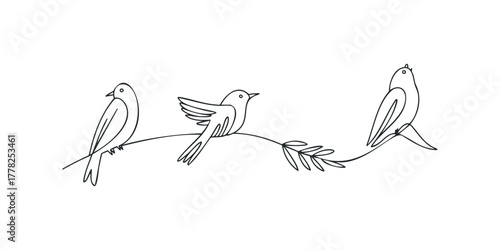Three birds perched on a thin branch with leaves