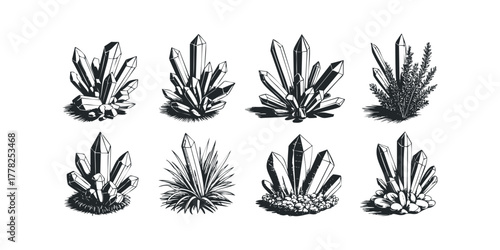 Collection of eight crystal formations with unique bases