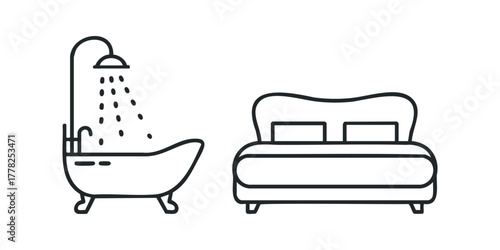 Icon of bathtub with shower and bed with pillows