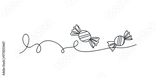 Simple line drawing of two wrapped candies on a swirling path