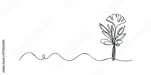 Continuous line drawing of a stylized plant with swirling stem