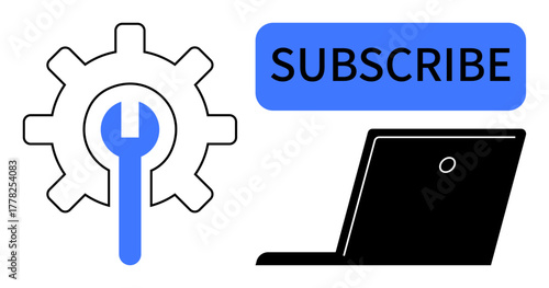Gear with wrench, Subscribe button, and laptop combine for themes thumbs up service, subscription, maintenance, engineering, business, digital tools, or online utility in simple flat metaphor