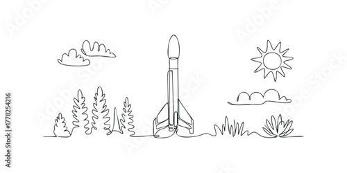 Rocket Ship Launching Among Trees and Sun