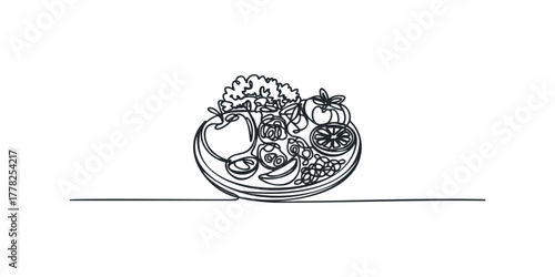 Single Line Drawing of Assorted Fresh Fruits and Vegetables