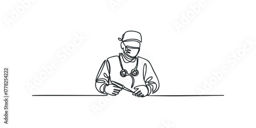 Surgeon in scrub suit and cap with stethoscope holding scalpel