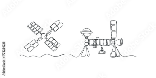 Abstract line drawing of satellite and lunar rover