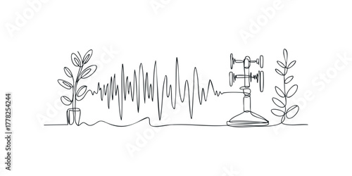 Continuous line drawing of a waveform connecting to a radio tower