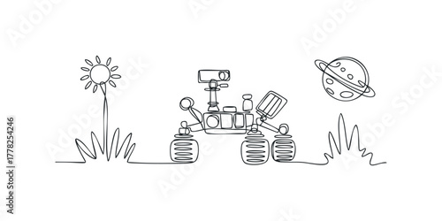 Space exploration rover with planet and sun in minimal line drawing