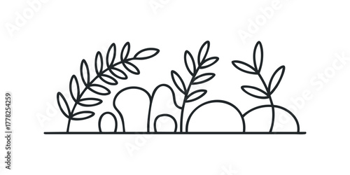 Minimalist line art of growing plants and abstract shapes