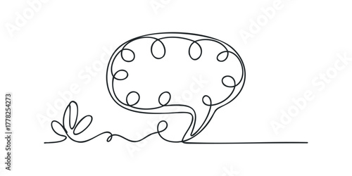 Speech bubble with swirling lines and leaves design