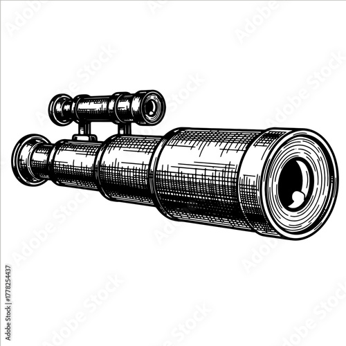 Hand drawn vintage spyglass with sight as an old optical instrument. Engraving style. Vector illustration for travel, adventure, discovery concept